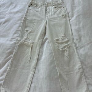 Zara White Distressed Straight-Leg Jeans